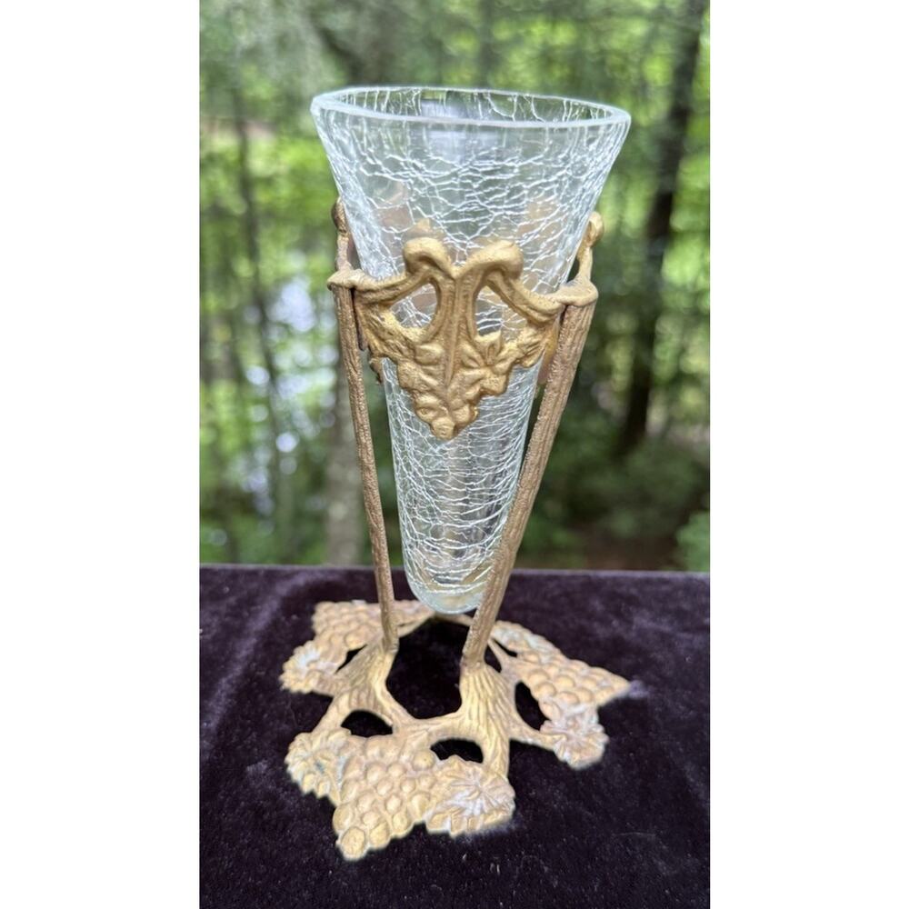 Vintage Crackle Glass Vase In Ornate Grape & Vine Brass Stand Art Nouveau